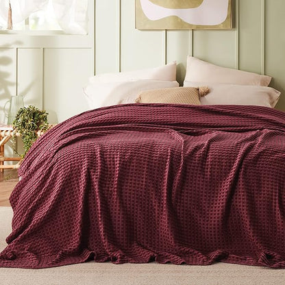 Bedsure Cooling Cotton Waffle Queen Size Blanket - Lightweight Breathable Blanket of Rayon Derived from Bamboo for Hot Sleepers, Luxury Throws for Bed, Couch and Sofa, Dark Red, 90x90 Inches