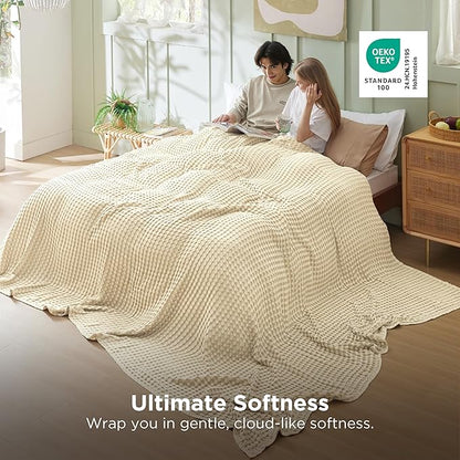 Bedsure Cooling Cotton Waffle Oversized King Blanket - Lightweight Breathable Blanket of Rayon Derived from Bamboo for Hot Sleepers, Natural, 120x96 Inches