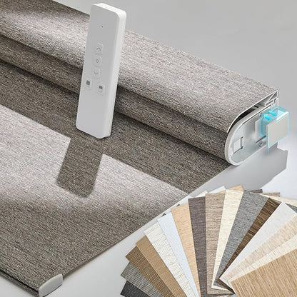 Persilux Smart Motorized Blinds with Remote, No Drill Automatic Roller Shades for Indoor Windows, Light Filtering Linen Fabric, Electric Blinds for Windows, Linen Brown C156-4, Custom Size