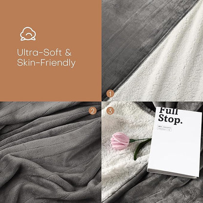 Electric Heated Blanket Throw Size 50"x60" - Flannel & Sherpa Fabric Dual-Sided, 6 Heat Settings & 3 Hours Auto Off, Soft & Cozy Warming Throw for Home, Office, or Bed, Machine Washable, Light Gray