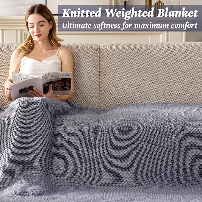 Guohaoi Knitted Weighted Blanket for Adults (Light Grey 50"x75" 12lbs) No Beads Cooling Throw Blanket for Hot Sleepers, Home Decor Breathable Chunky Knit Heavy Blanket Use on Full Size Bed