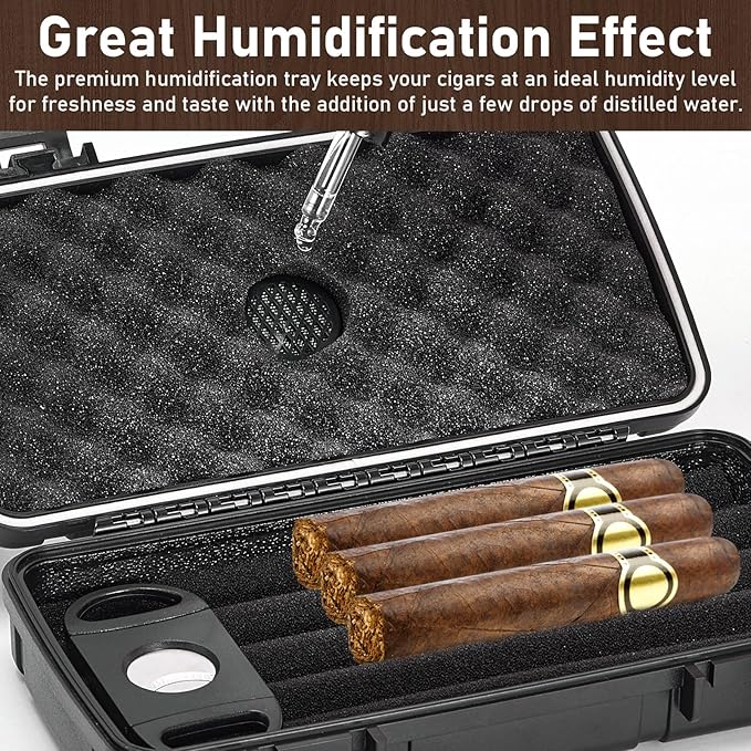 Travel Cigar Humidor Case, Portable Humidor Cigar Box with Humidifier & Cigar Cutter, Waterproof, Crushproof and Airtight Cigar Case for 5 Cigars-Cigar Accessories Cigar Gifts for Men