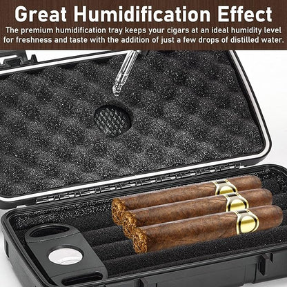 Travel Cigar Humidor Case, Portable Humidor Cigar Box with Humidifier & Cigar Cutter, Waterproof, Crushproof and Airtight Cigar Case for 5 Cigars-Cigar Accessories Cigar Gifts for Men