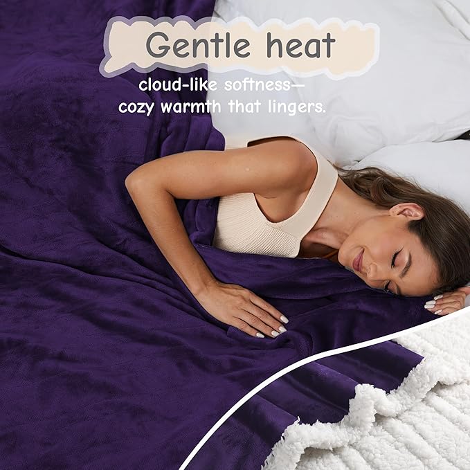 Electric Heated Blanket Queen Size 84"x90", Soft Flannel with Dual Controllers & Overheat Protection, 9 Adjustable Heat Settings & 10-Hour Auto-Off Timer, Fast Heating for Winter Comfort, Dark Purple