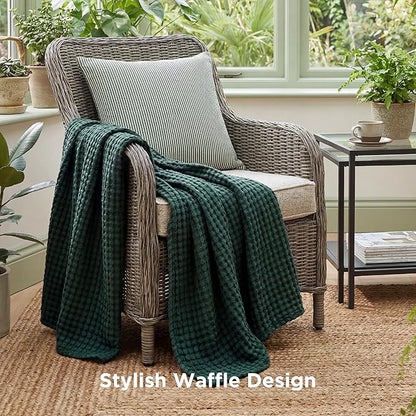Bedsure Cooling Cotton Waffle Weave Throw Blanket - Lightweight Breathable Blanket of Rayon Derived from Bamboo for Hot Sleepers, Luxury Throws for Bed, Couch and Sofa, Dark Green, 50x70 Inches