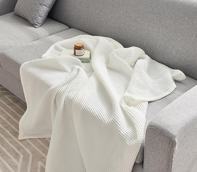 Chlophy Waffle Weave Throw Blanket Twin Cotton Bamboo Cooling Throw Cozy Lightweight Breathable Knit Decorative for Couch, Sofa, Bed, Living Room, White, 60"x80"