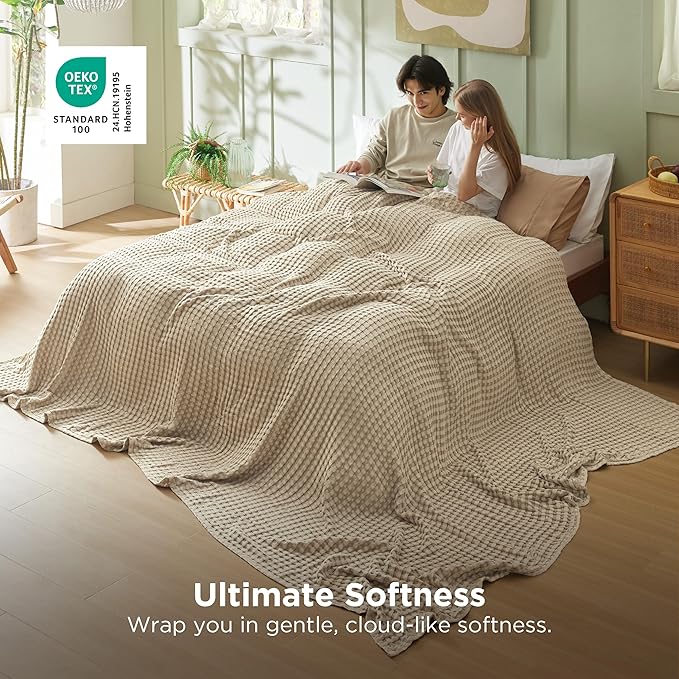 Bedsure Cooling Cotton Waffle Oversized King Blanket - Lightweight Breathable Blankets Rayon Derived from Bamboo for Hot Sleepers, Luxury Throws for Bed and Sofa, 120x96 Inches