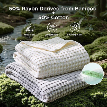 Bedsure Cooling Cotton Waffle Full Size Blanket - Lightweight Breathable Blanket of Rayon Derived from Bamboo for Hot Sleepers, Luxury Throws for Bed, Couch and Sofa, Ivory, 80x90 Inches