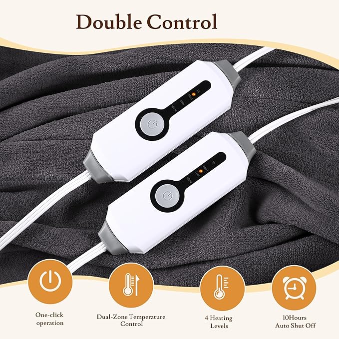 Electric Heated Blanket 90"x100" King Size - 4 Heat Settings & Dual Controllers, 10H Auto Shut Off, Ultra-Soft Coral Fleece Heated Blanket with Overheat Protection, Dark Grey