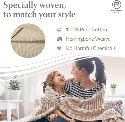 Threadmill Luxury Cotton Blankets for King Size Bed | All-Season Cozy 100% Cotton King Size Blanket | Herringbone Soft Fall Thermal Blanket fits California King Size Bed, 106x92 | Beige
