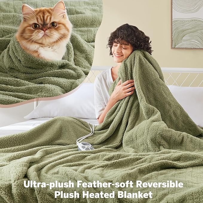 Serta Heated Blanket, Electric Queen Size Blanket, Soft, Warm, Fuzzy Heating Blanket Queen for Office, Couch, 1-12 hr Auto Shut Off Timer, 10 Lv Heat Setting, ETL Certified, Queen 84" x 90" Sage