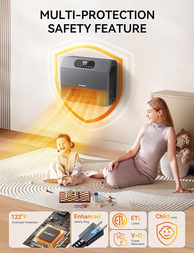 GiveBest Smart Wall Heater, 1500W Fast Heating Space Heater for Bedroom, Electric Room Space Heater with Thermostat for Indoor Use, Easy Wall Mounted, On/Off Timers, Compatible with Alexa
