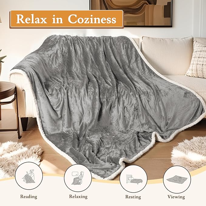 Electric Heated Blanket 72"x84" Full Size Flannel & Sherpa - 4 Heat Settings & 10H Auto Shut Off for Safe Overnight Use, Fast Heating, Machine Washable for Bed, Couch, Office - Light Gray