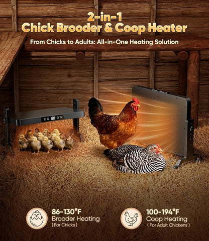 Smart Brooder Heating Plate, 2-in-1 Chicken Coop Heater & Chick Brooder, 200W Rapid Radiant Heat with Adjustable Temp 86~194℉ & Timer & Height & Angle, Peck-Resistant Power Cord, ETL/UL Certified Safe