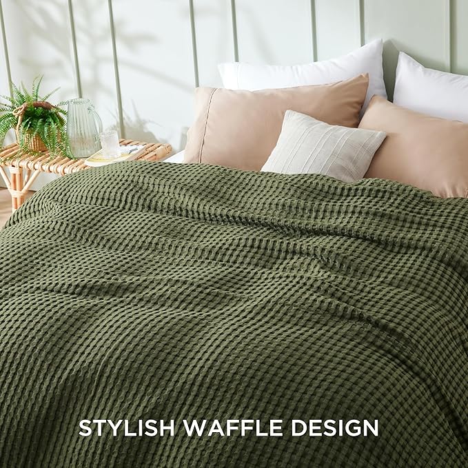 Bedsure Cooling Cotton Waffle Full Size Blanket - Lightweight Breathable Blanket of Rayon Derived from Bamboo for Hot Sleepers, Luxury Throws for Bed, Couch and Sofa, Olive Green, 80x90 Inches