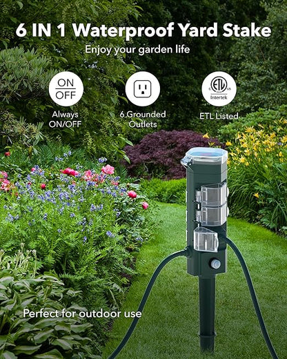 HBN Outdoor Power Strip Timer with Photocell Remote Control,Yard Stake Countdown (2,4,6,8 Hour),Weatherproof Outside Timer Dusk to Dawn for Halloween/Christmas Lights,6 Outlets,6ft Cord