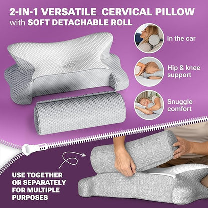 Cervical Neck Pillow for Sleeping, Dreamers Relief Pillow, Side Sleeper Pillow for Adults, Adjustable Height Memory Foam Pillow and Detachable Roll, Back & Stomach Sleeping Neck Pain Relief (White)