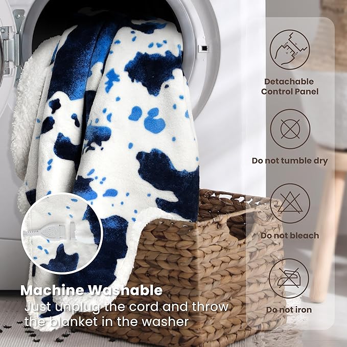 Heated Blanket King Blanket - Fast Heating Electric Blanket, Soft Flannel Heated King with 4 Time Settings,10 Heating Settings, Warm Gifts for Women & Mom & Grandma(90"x100"Cow Print Blue)