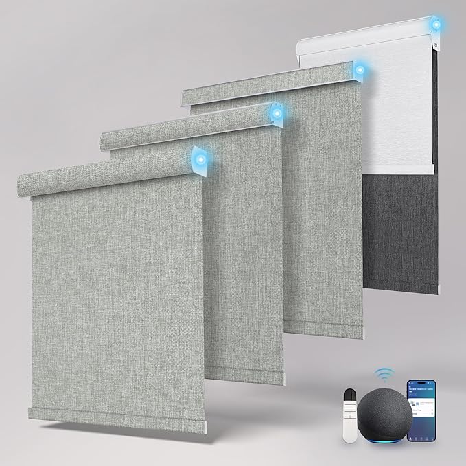 BERISSA Motorized Blinds with Remote,Blackout Smart Roller Shades with App,Voice Control,Linen Fabric,Thermal Insulated Automatic Blinds,Electric Shades with USB/Solar Pannel.Linen Grey