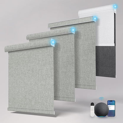 BERISSA Motorized Blinds with Remote,Blackout Smart Roller Shades with App,Voice Control,Linen Fabric,Thermal Insulated Automatic Blinds,Electric Shades with USB/Solar Pannel.Linen Grey