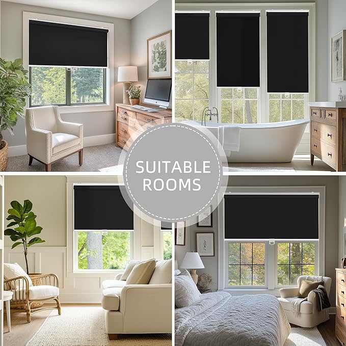 ChrisDowa Cordless Blackout Roller Shades for Windows, Thermal Insulated UV Protection Pull Down Shades, Total Blackout Window Blinds for Home, Office, Bedroom, Door (56" W x 72" H, Black)
