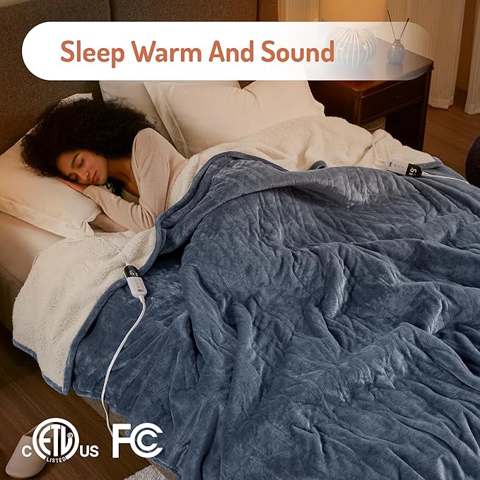 Degrees of Comfort Electric Blanket Twin Size - Soft Sherpa Flannel Heated Blankets - 6 Heat Settings, 10-Hour Auto Shut-Off, Overheat Protection, Etl Certified - 62x84'', Blue