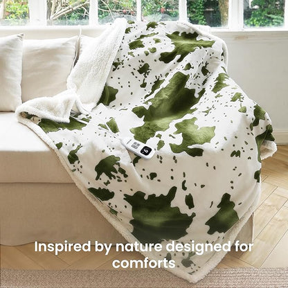 Heated Blanket Throw Blanket - Fast Heating Electric Blanket, Soft Flannel Heated Throw with 4 Time Settings,10 Heating Settings, Warm Gifts for Women & Mom & Grandma(50"x60"Cow Print Sage)