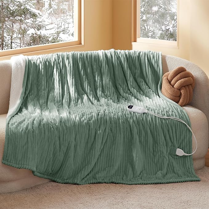 Bedsure GentleSoft Electric Blanket Twin - Soft Ribbed Flannel Heated Blanket, Heating with 10 Time Settings, 6 Heat Settings, and 8 hrs Timer Auto Shut Off, Gifts for Grandma (62x84 inches, Green)