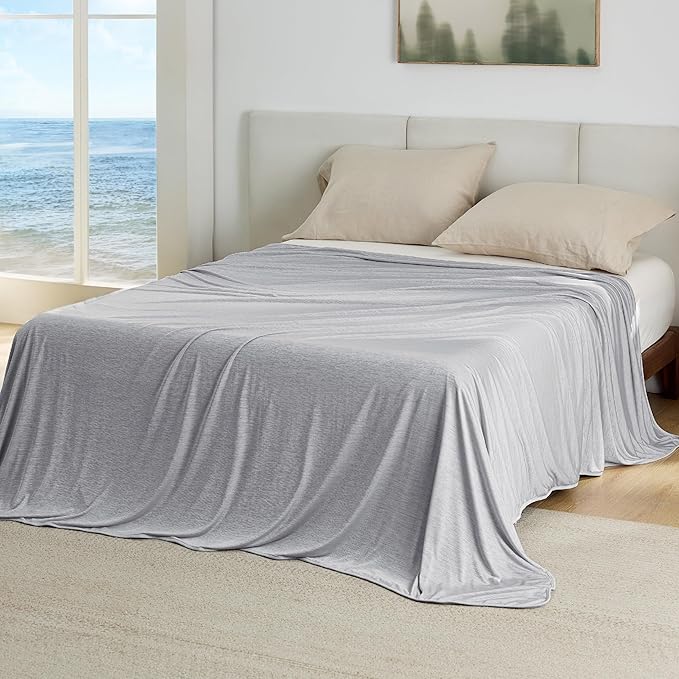 Bedsure Light Grey Cooling Blanket Queen Size for Hot Sleepers - Summer Cold Blanket for Queen Size Bed with Rayon Derived from Bamboo, Ice Cool Cold Arc-Chill Thin Summer Bedding Essentials, 90x90