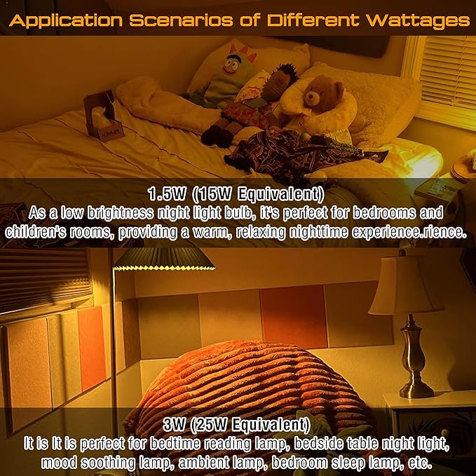 E12 Candelabra Base Amber Sleep Light Bulbs 1.5w, 1800k Low Brightness Night Light Bulb 15 Watt Equivalent, E12 G45 Warm Amber Light Bulbs 130lm for Healthy Sleep, Bedroom, Non-Dimmable, 4 Pack