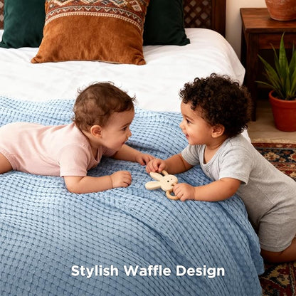 Bedsure Cooling Cotton Waffle King Size Blanket - Lightweight Breathable Blanket of Rayon Derived from Bamboo for Hot Sleepers, Luxury Throws for Bed, Couch and Sofa, Light Blue, 104x90 Inches