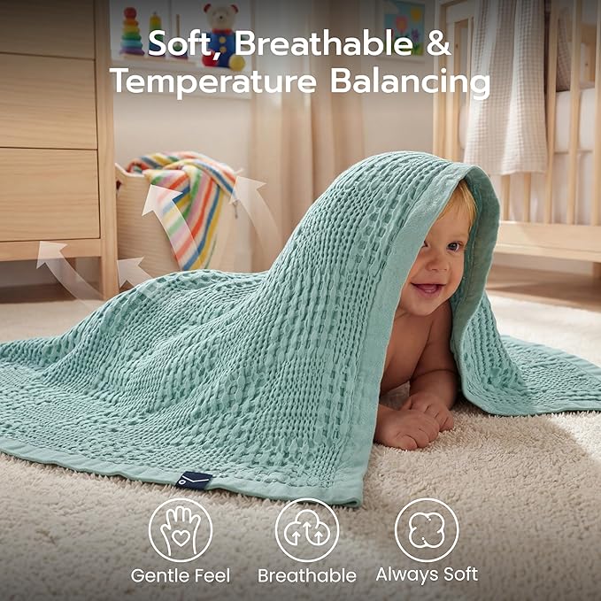 Joiedomi Waffle Baby Blanket - Soft Sage Green Baby Blanket, Breathable Turkish Cotton of Rayon Derived from Bamboo for Boys and Girls, Luxuries Throw for Bed, Couch and Sofa