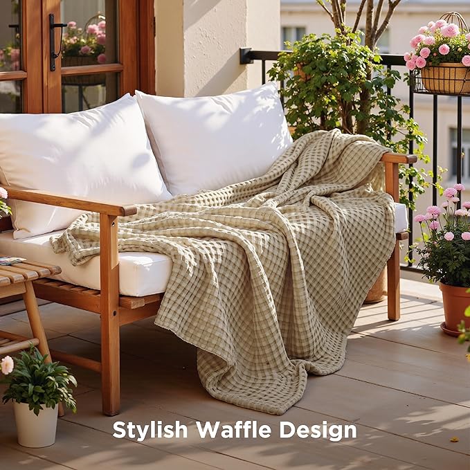 Bedsure Cooling Cotton Waffle Weave Throw Blanket - Lightweight Breathable Blanket of Rayon Derived from Bamboo for Hot Sleepers, Luxury Throws for Bed, Couch and Sofa, Light Brown, 50x70 Inches