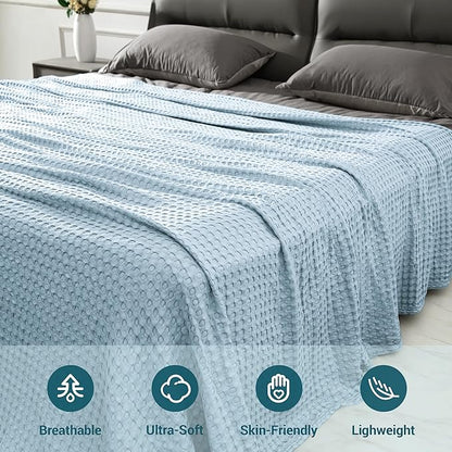 Aganear Waffle Blanket - Lightweight Breathable Summer Blanket of 50% Cotton and 50% Rayon Derived from Bamboo for Hot Sleepers Luxury Throws for Bed, Couch and Sofa,Blue,90x90 Inches