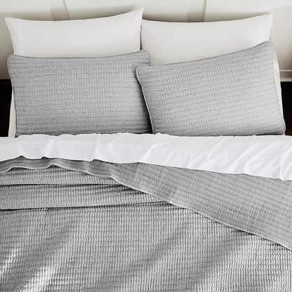 WDCOZY Grey Pick Stitch Queen Size Quilt Set, Striped Channel Lightweight Soft All Season Bedspread, Bamboo Linen Like Textured Coverlet, Farmhouse Country Rustic Bedding, Thin Comforter