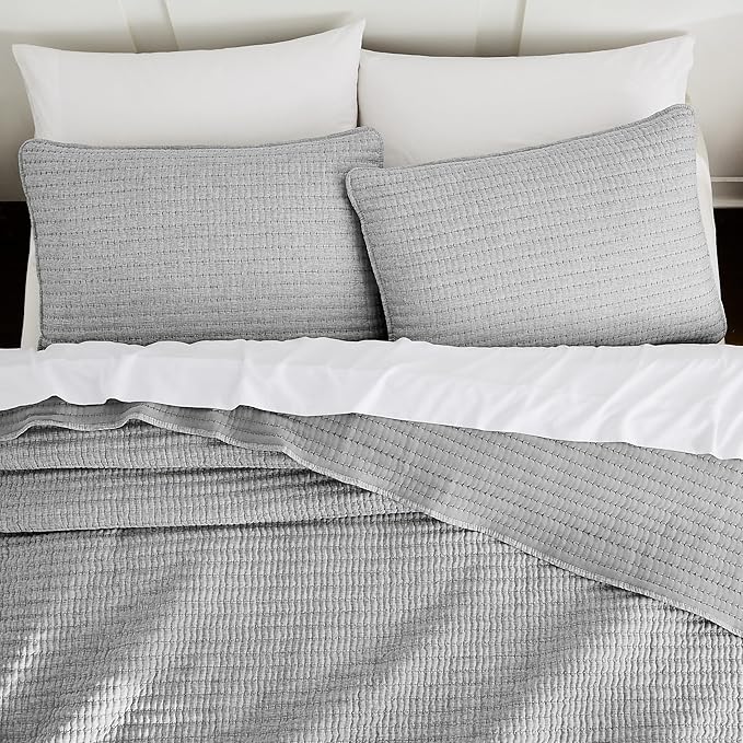 WDCOZY Grey Pick Stitch King Size Quilt Set, Striped Channel Lightweight Soft All Season Bedspread, Bamboo Linen Like Textured Coverlet, Farmhouse Country Rustic Bedding, Thin Comforter