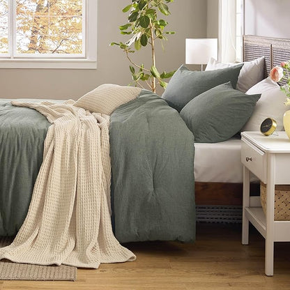 Bedsure 5 PCS Cotton Comforter Set with Waffle Throw Blanket - Breathable Bedding Set for All Seasons, Olive Green Comforter King Size, Pillow Shams, Beige 100% Cotton Blanket, Throw Pillow