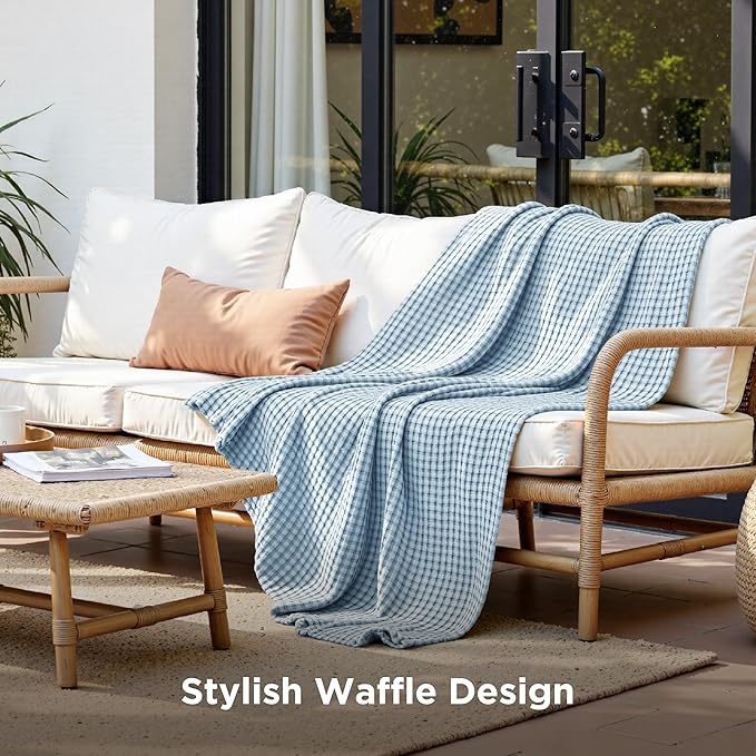 Bedsure Cooling Cotton Waffle Weave Throw Blanket - Lightweight Breathable Blanket of Rayon Derived from Bamboo for Hot Sleepers, Luxury Throws for Bed, Couch and Sofa, Light Blue, 50x70 Inches