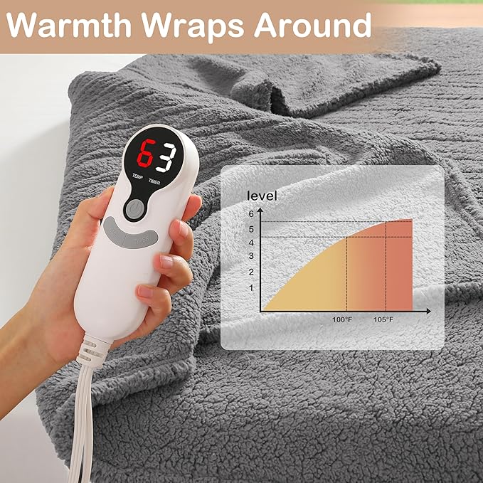 Electric Heated Blanket Full Size 72"×84" with 9 Heating Levels & 1-10Hs Auto Off，Double Sided Plush Sherpa, Energy Efficient, Machine Washable, for Couch & Bed, Light Gray
