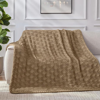 Knitted Weighted Blanket for Adult, Chunky Knit Weighted Throw for Sleep 60"*80" 10lbs, Cooling Breathable Machine Washable Fall Heavy Blanket for Room Decor (Beige, Queen)