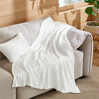 Bedsure 5 Pieces Cotton Comforter Set with Cotton Waffle Throw Blanket - Beige Queen Comforter, Pillow Shams, White Cooling Blanket of Rayon Derived from Bamboo for Hot Sleepers, Throw Pillow