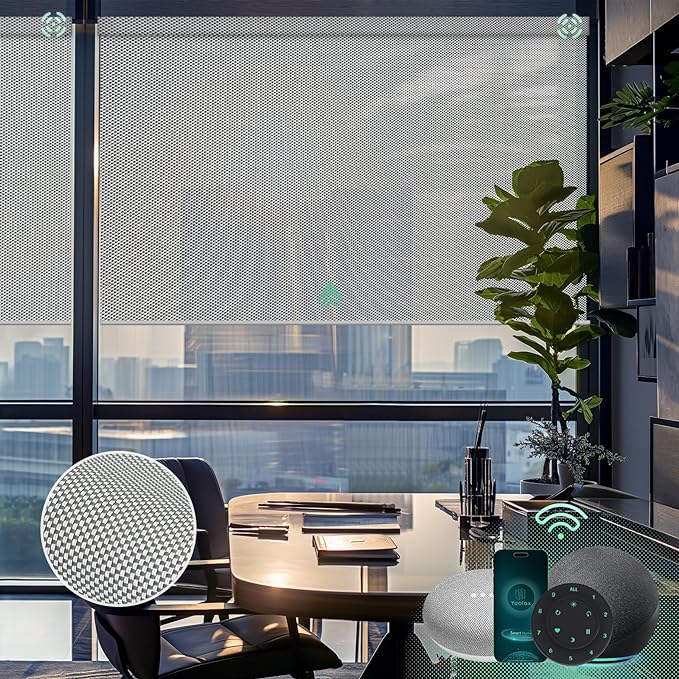 Yoolax Motorized Solar Shades Light Filtering Motorized Blinds with Remote Smart Blinds Work with Alexa Flame Retardant Roller Shades for Windows Home Office Custom Size (3% Openness Greyish White)
