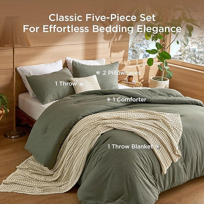 Bedsure 5 PCS Cotton Comforter Set with Cotton Waffle Throw Blanket - Olive Green Comforter King Size, Pillow Shams, Beige Cooling Blanket of Rayon Derived from Bamboo for Hot Sleepers, Throw Pillow