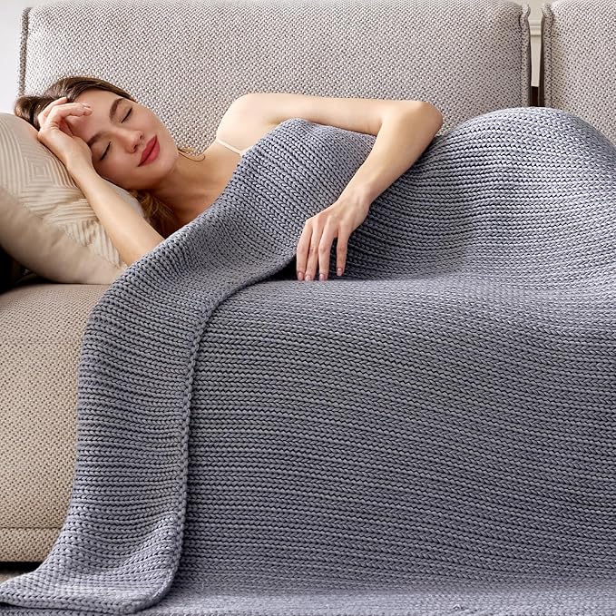 Guohaoi Knitted Weighted Blanket for Adults (Light Grey 50"x75" 12lbs) No Beads Cooling Throw Blanket for Hot Sleepers, Home Decor Breathable Chunky Knit Heavy Blanket Use on Full Size Bed