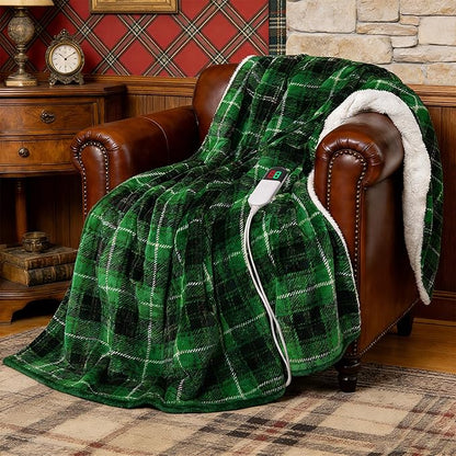 Green Christmas Electric Heated Blanket 50"x60", Fast Heated Throw with 8 Hours Auto Off/8 Heats Levels, Soft Plaid Sherpa with ETL Certification, Gift for Women Adults Keep Warm in Home Office