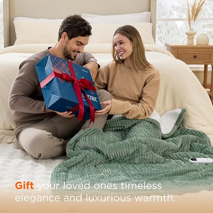 Bedsure GentleSoft Electric Blanket Twin - Soft Ribbed Flannel Heated Blanket, Heating with 10 Time Settings, 6 Heat Settings, and 8 hrs Timer Auto Shut Off, Gifts for Grandma (62x84 inches, Green)