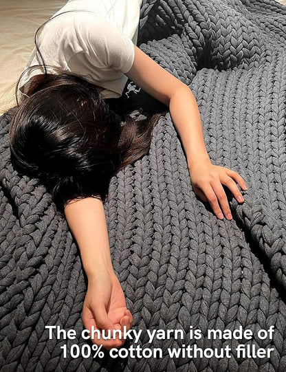YnM 100% Cotton Weighted Blanket, Handmade Chunky Knitted Throw, No fillers Design, Soft and Breathable, Machine Washable Bed Blanket for Sleep or Home Decor (Dark Grey, 50x60 Inch, 15lbs)