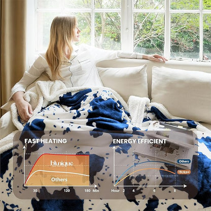 Heated Blanket Twin Blanket - Fast Heating Electric Blanket, Soft Flannel Heated Twin with 4 Time Settings,10 Heating Settings, Warm Gifts for Women & Mom & Grandma(62"x84"Cow Print Blue)