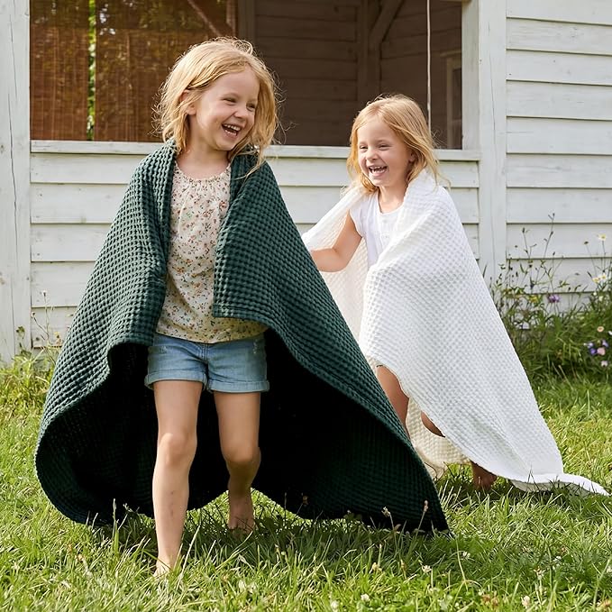 Bedsure Cooling Cotton Waffle Weave Throw Blanket - Lightweight Breathable Blanket of Rayon Derived from Bamboo for Hot Sleepers, Luxury Throws for Bed, Couch and Sofa, Dark Green, 50x70 Inches