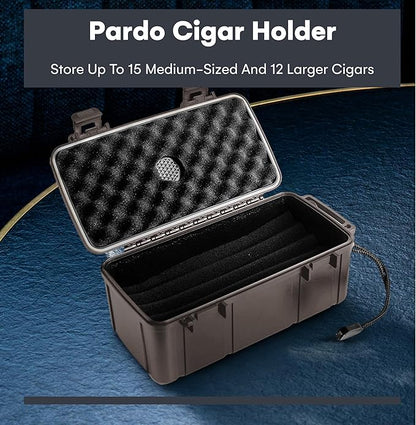 Pardo Cigar Travel Humidor Cigar Box - Durable Waterproof Travel Cigar Case with Built-in Humidifier - Airtight Humidor Box Holds 15 Cigars - Premium Cigars Accessories for Men On The Go